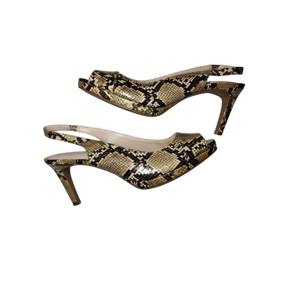 Kelly & Katie Open-Peep-Toe Brown Snakeskin Strappy 3.25" Heels 9.5M - Picture 1 of 8